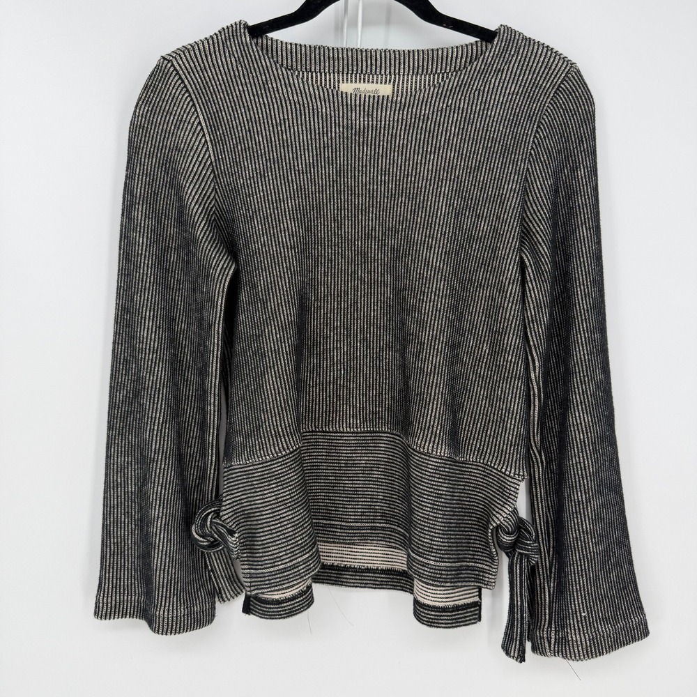 Madewell Sweater Women XS Black Cream Striped Side Tie Bell Sleeve Nautical Chic
